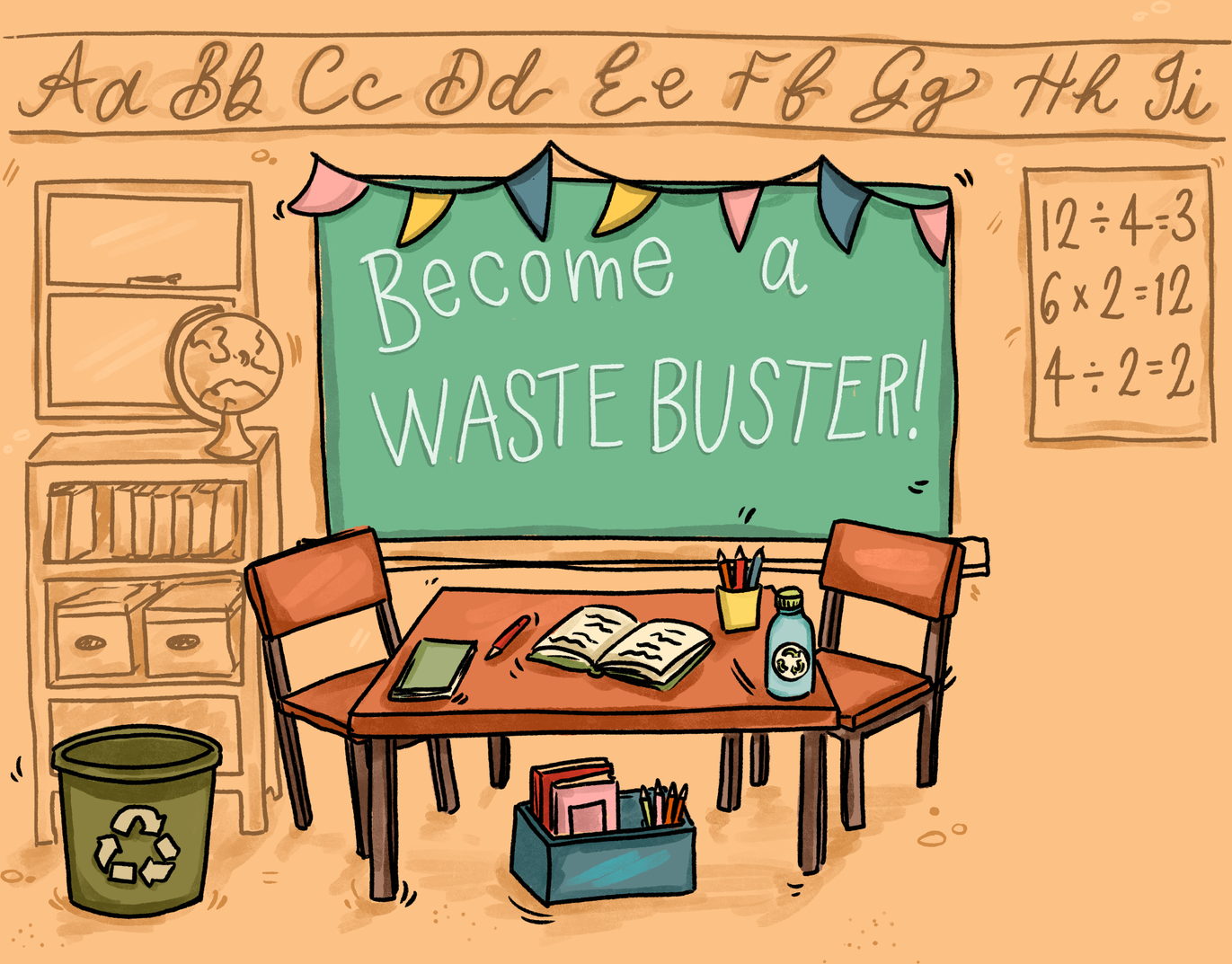 Ella's classroom, with a blackboard reading Become a Waste Buster