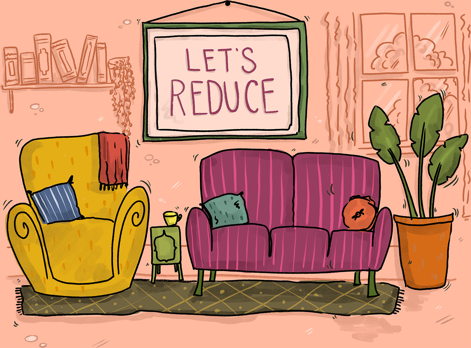 Detective Shrink's living room, with a picture on the wall reading Let's Reduce