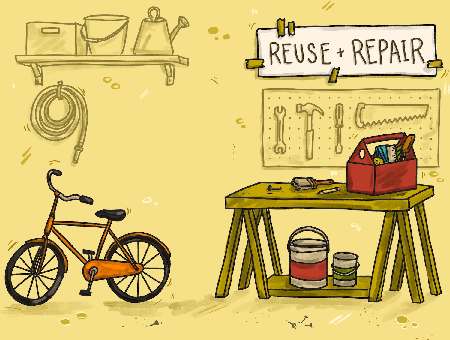Detective Roundabout's workshop, with a sign reading Reuse and Repair